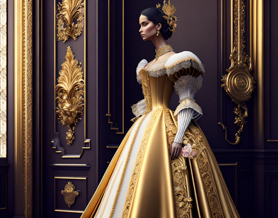 Victorian woman in golden dress with fan by ornate door