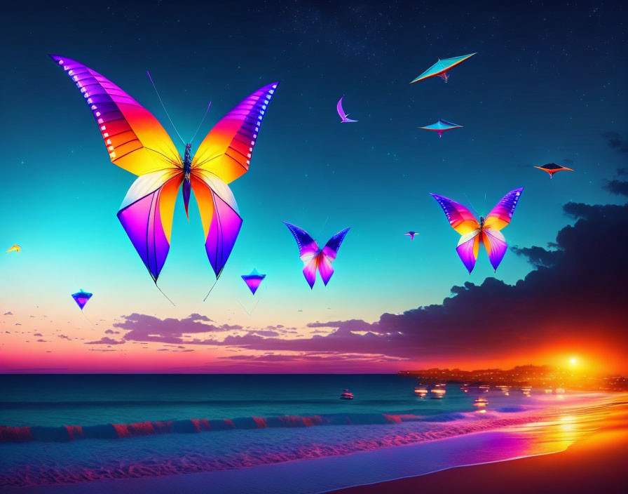 Colorful Butterfly Kite Display Over Sunset Beach