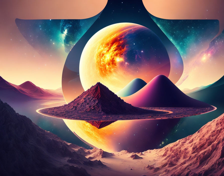 Surreal cosmic landscape with pyramid, celestial bodies, and nebulae