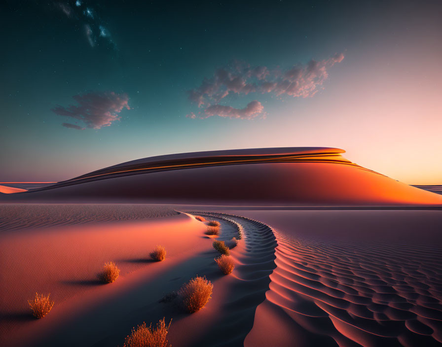 Twilight desert landscape with smooth dunes, starry sky, and warm orange hues.