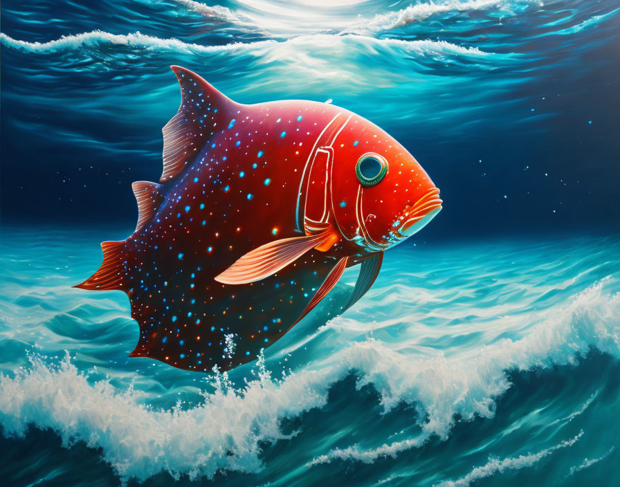 Colorful red fish with starry patterns and mechanical features in blue ocean