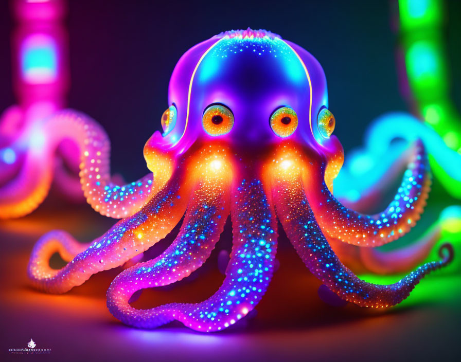 Vibrant neon octopus digital artwork with glittering skin