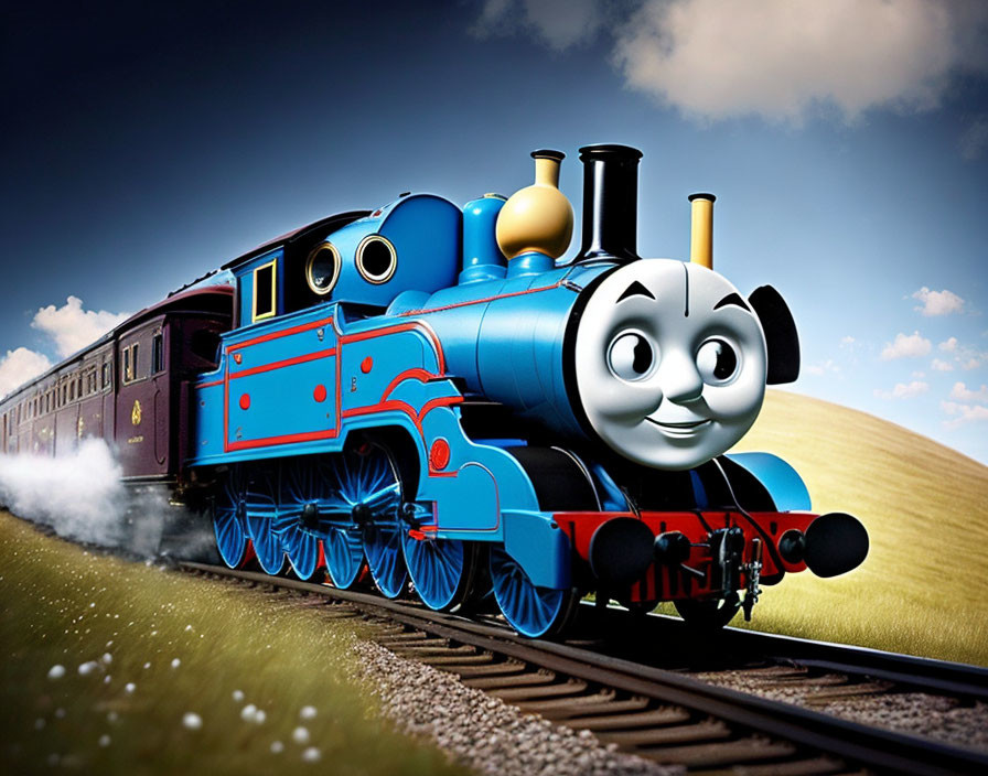Blue Smiling Cartoon Steam Locomotive on Tracks Under Cloudy Sky