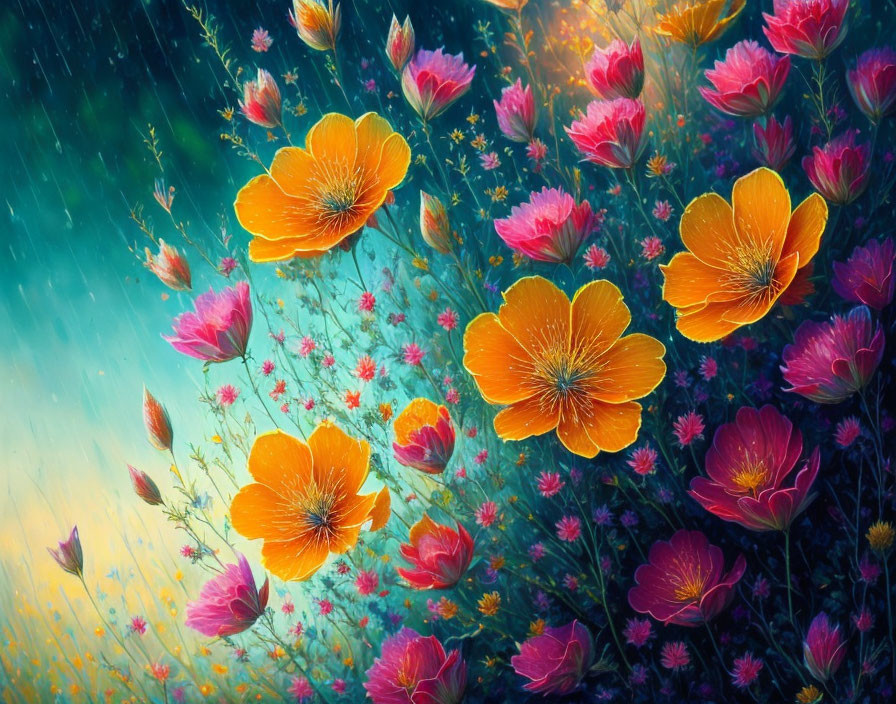 Colorful orange and pink flowers in rain with turquoise and green bokeh effect