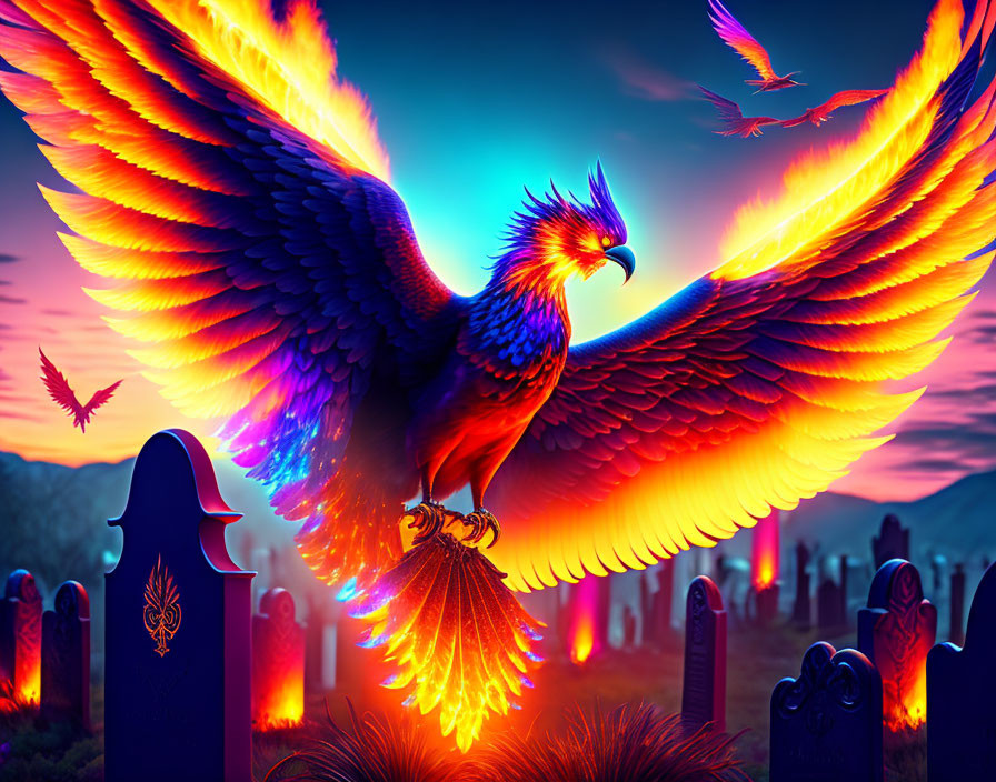 Fiery phoenix soaring over graveyard at dusk