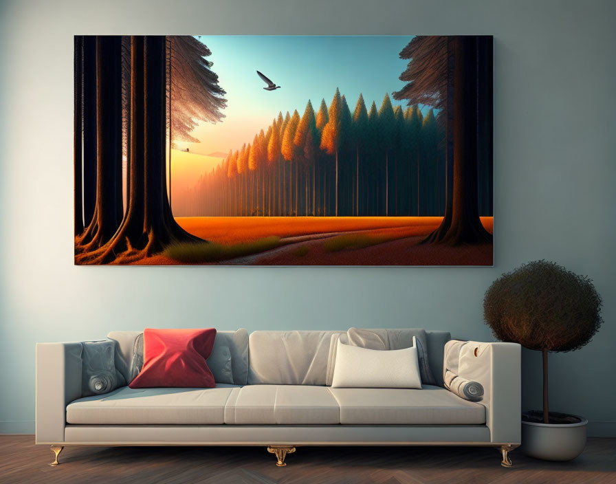Tranquil living room with sunset forest painting, white couch, and potted topiary