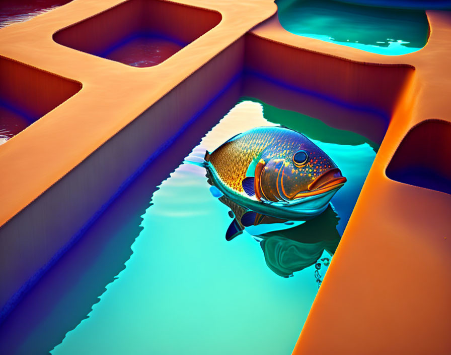 Colorful Fish Floats in Air with Orange Walls and Water-filled Shapes