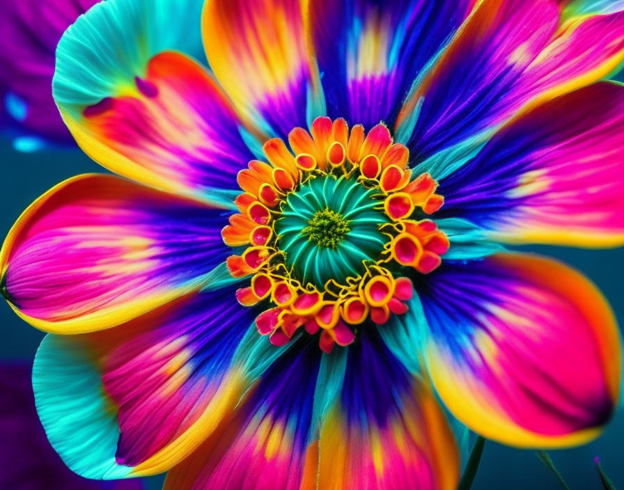 Colorful Multicolored Flower with Radiating Petals in Blue, Pink, Yellow, and Orange