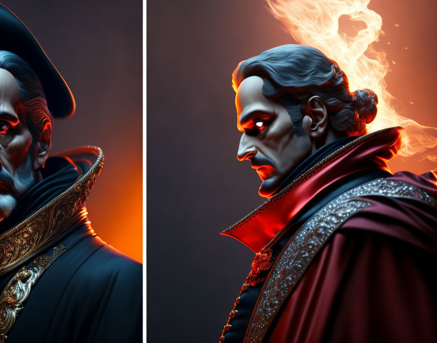 Fiery backdrop stylized Dracula portrait with menacing gaze