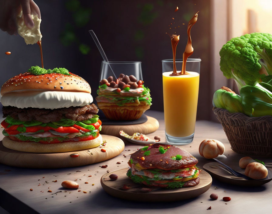 Double burger and orange juice in whimsical food scene.