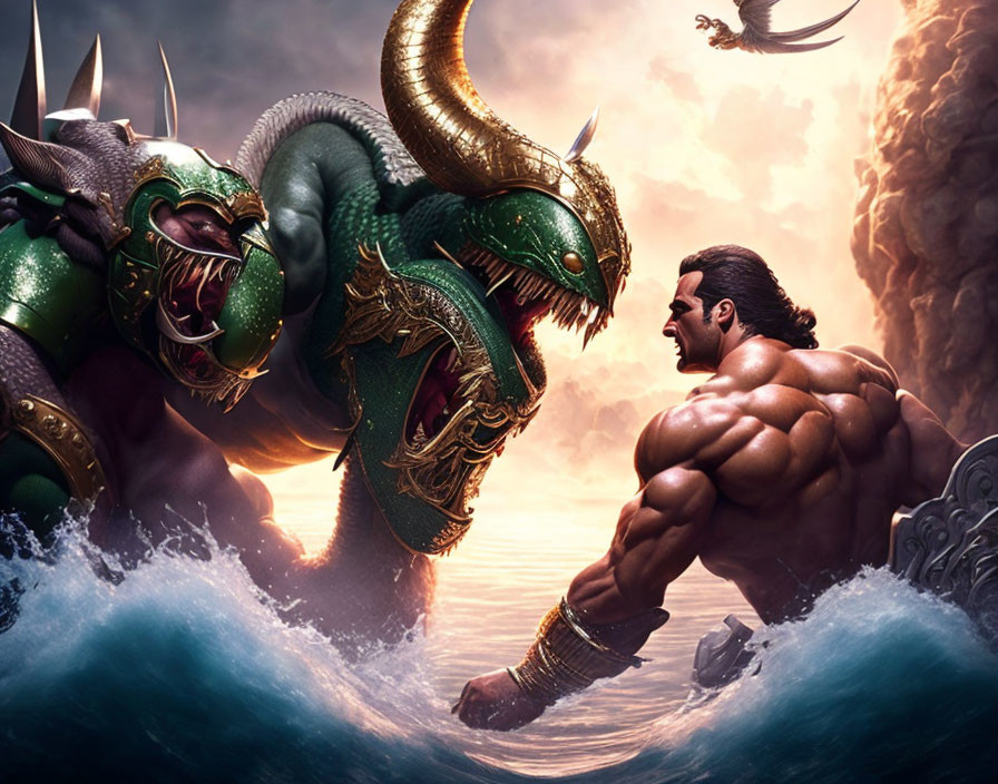 Muscular hero faces sea serpent in dramatic scene