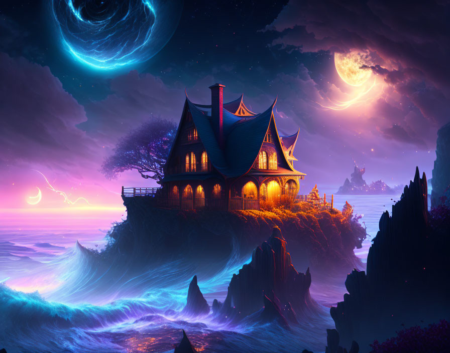 Grand house on cliff in vibrant night seascape with multiple celestial bodies
