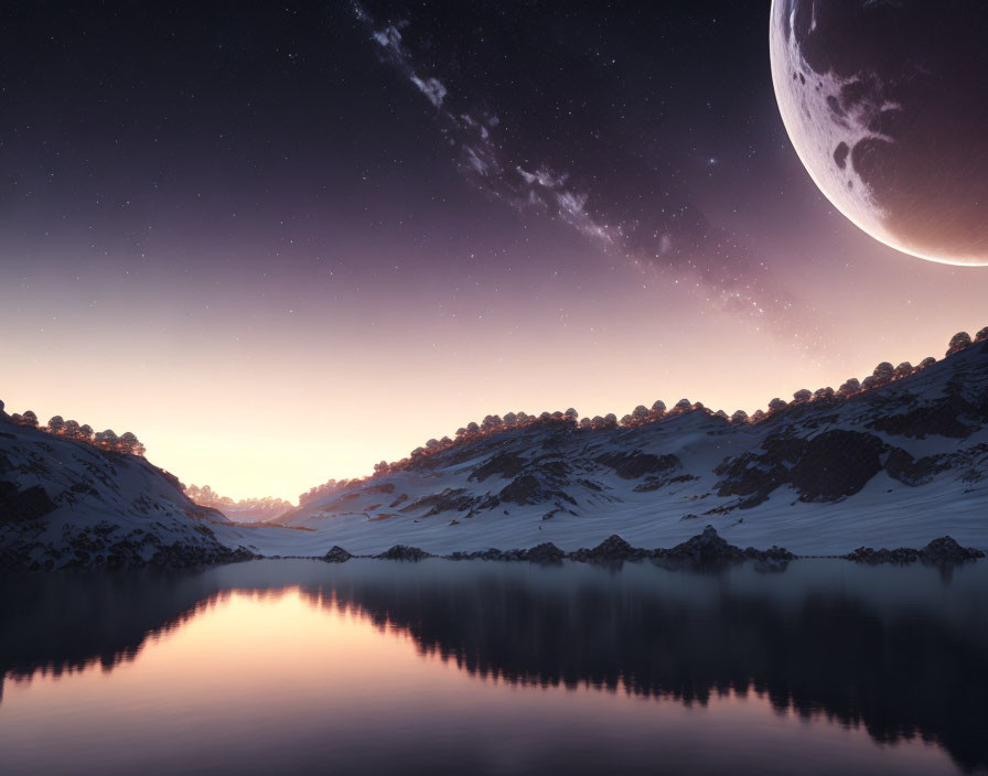 Snow-capped hills and starry sky at dusk by serene lakeside