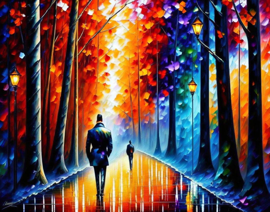 Colorful painting of person and dog on lamp-lit path with autumn trees