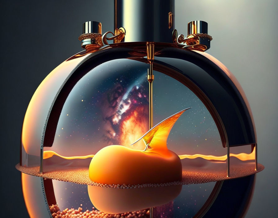 Surreal round flask with cosmic liquid landscape and glowing sail boat
