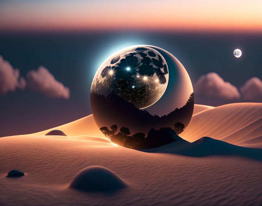 Surreal landscape with glass sphere reflecting sky and trees on sand dunes