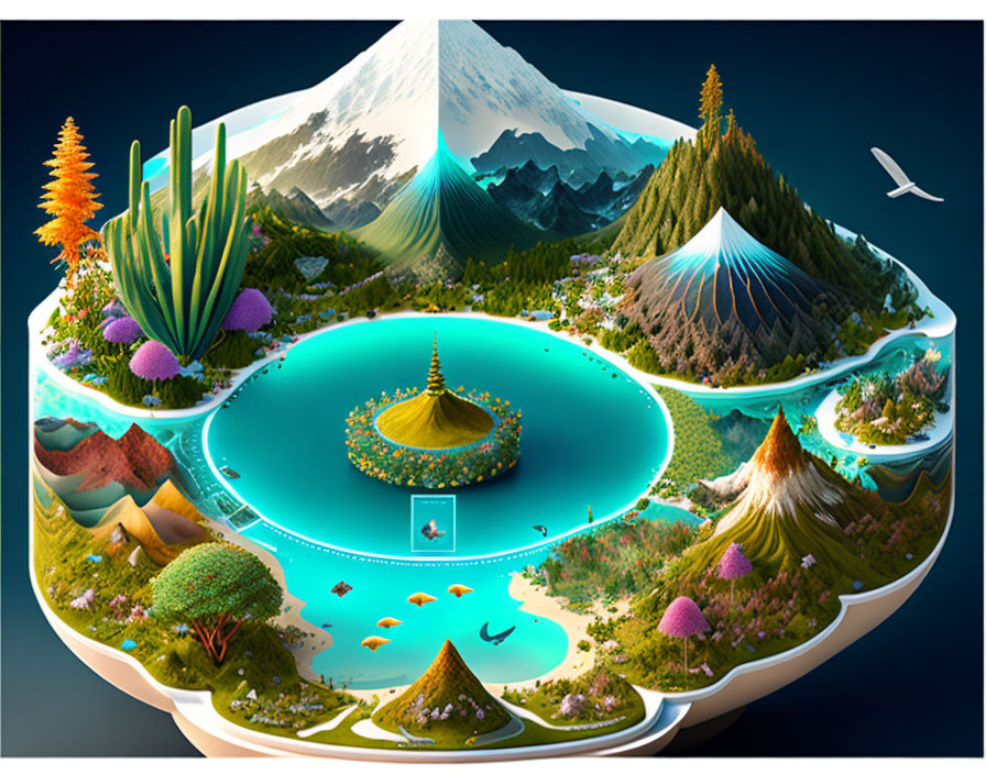 Fantasy ecosystem with lake, forests, mountains, colorful flora & fauna