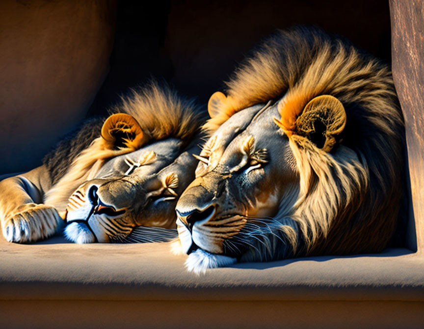 Two Lions Resting Closely Together Under Sunlight
