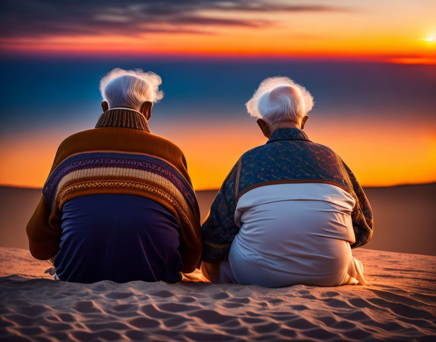 Elderly couple watching vibrant sunset on sandy surface