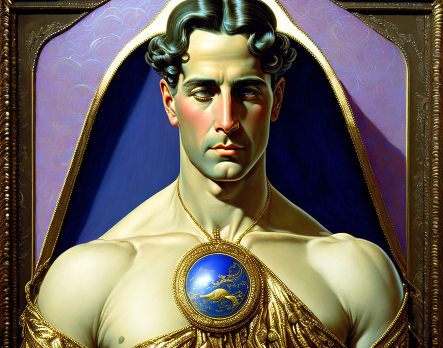 Regal man with globe amulet in ornate background