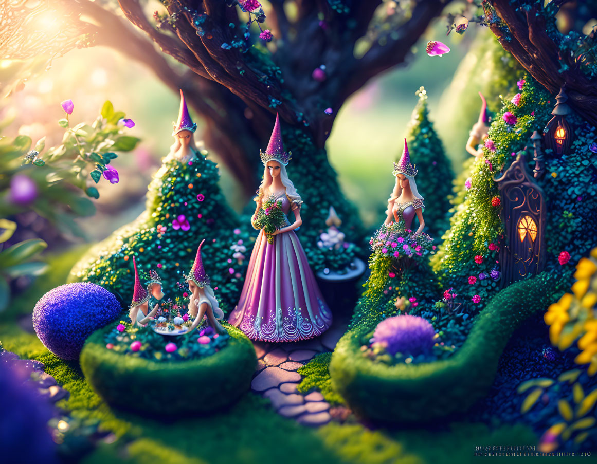 Fantasy scene with fairies, majestic tree, vibrant flowers, glowing door, colorful eggs