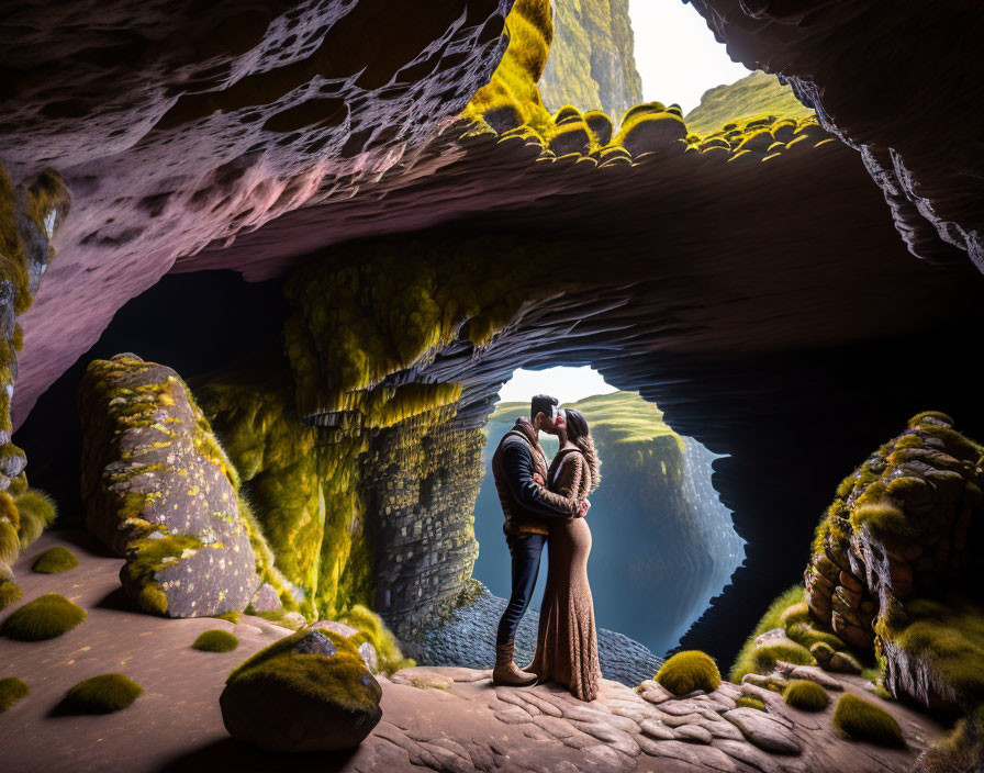 Couple embracing in cave with serene rock formation and water reflection