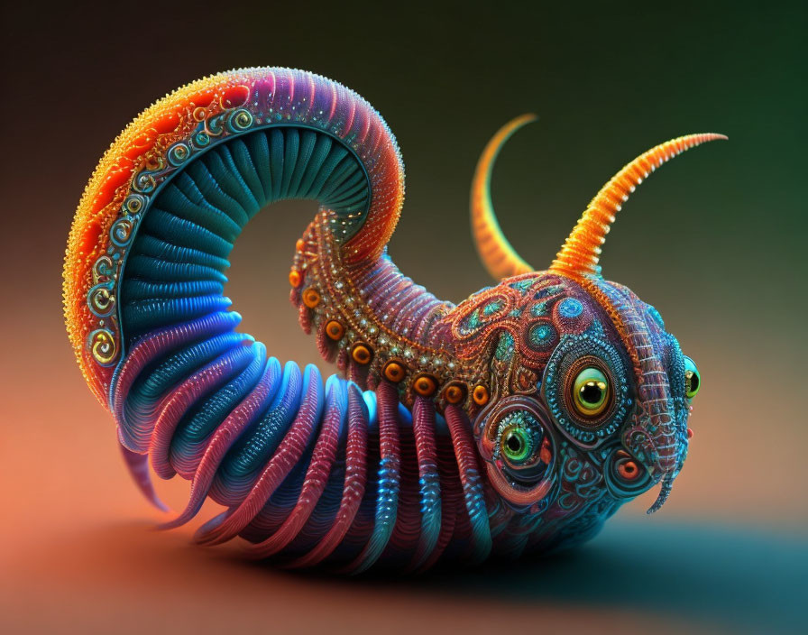 Colorful Spiral Creature with Multiple Eyes on Gradient Background