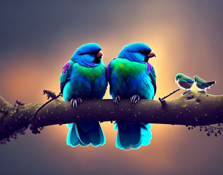 Colorful Blue and Purple Parrots with Green Bird on Branch - Golden Background