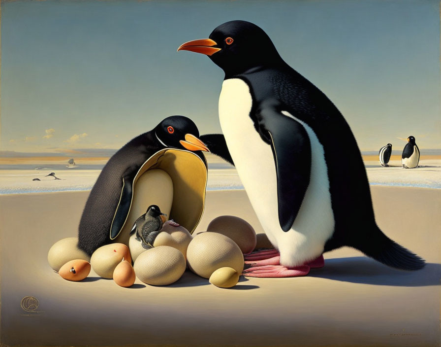 Penguins with hatched chick on sandy terrain under clear sky