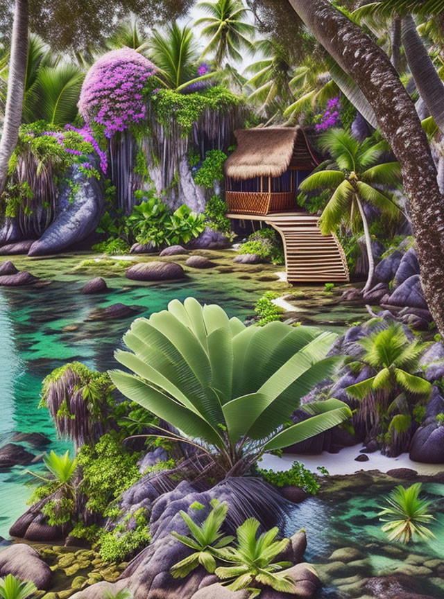 Tropical scene with lush greenery, thatched hut, palm trees, purple flowers, and clear