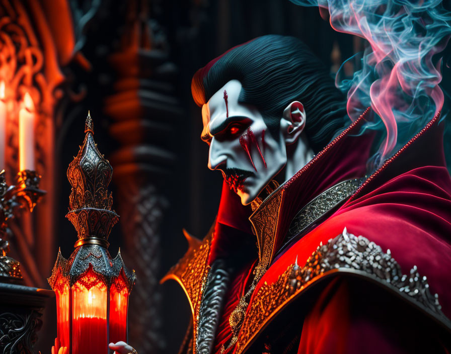 Person in Elaborate Vampire Costume with Candle and Gothic Architecture