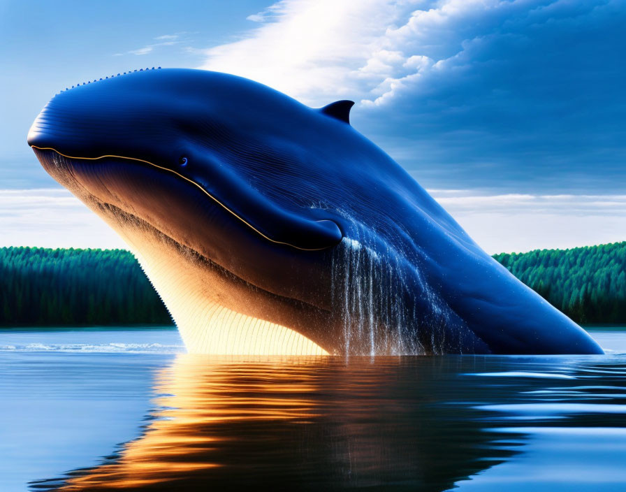 Blue whale breaching at sunset with trees and serene sky