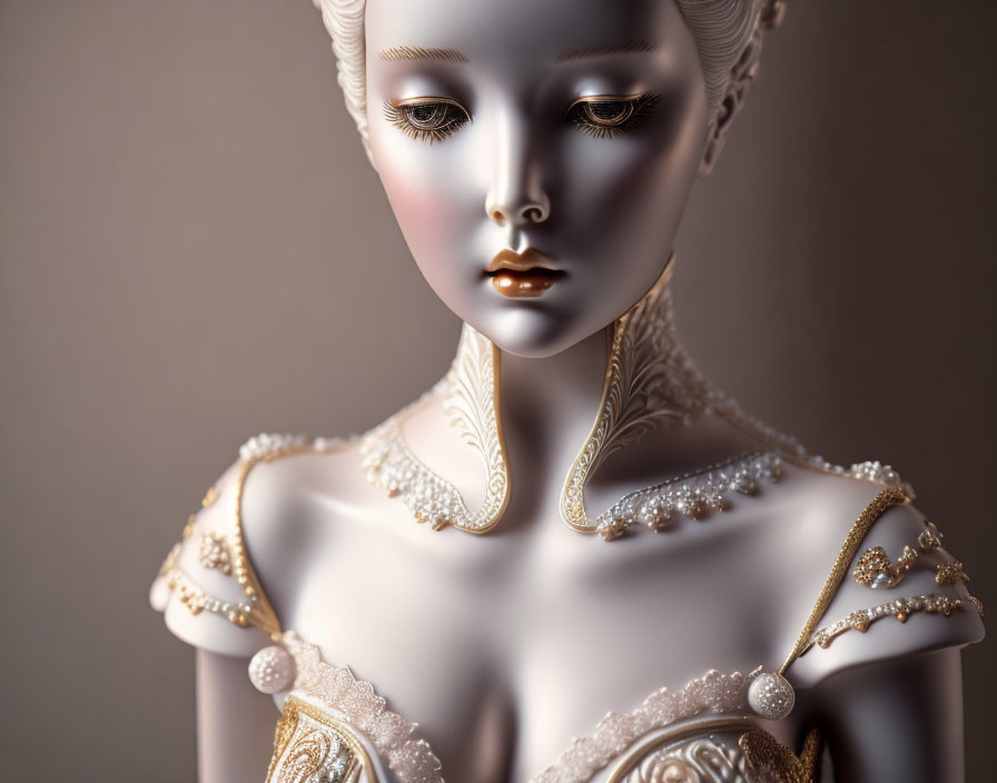 Porcelain-like figure in beige and gold dress with pearls