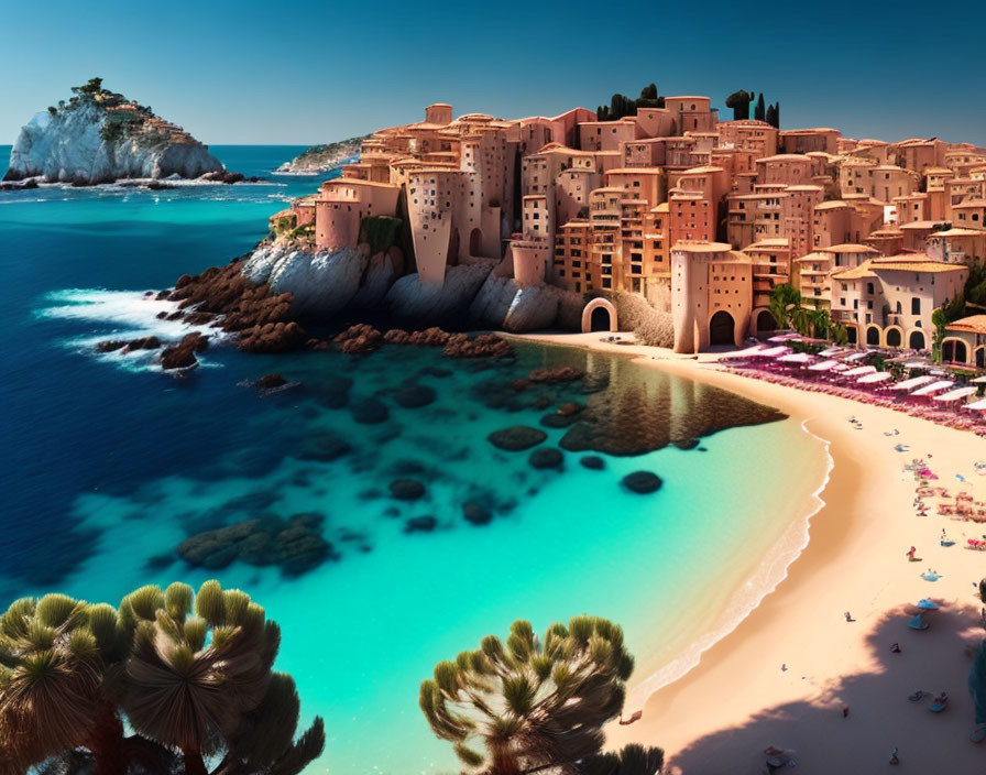 Scenic Coastal Town with Terracotta Buildings and Sandy Beach