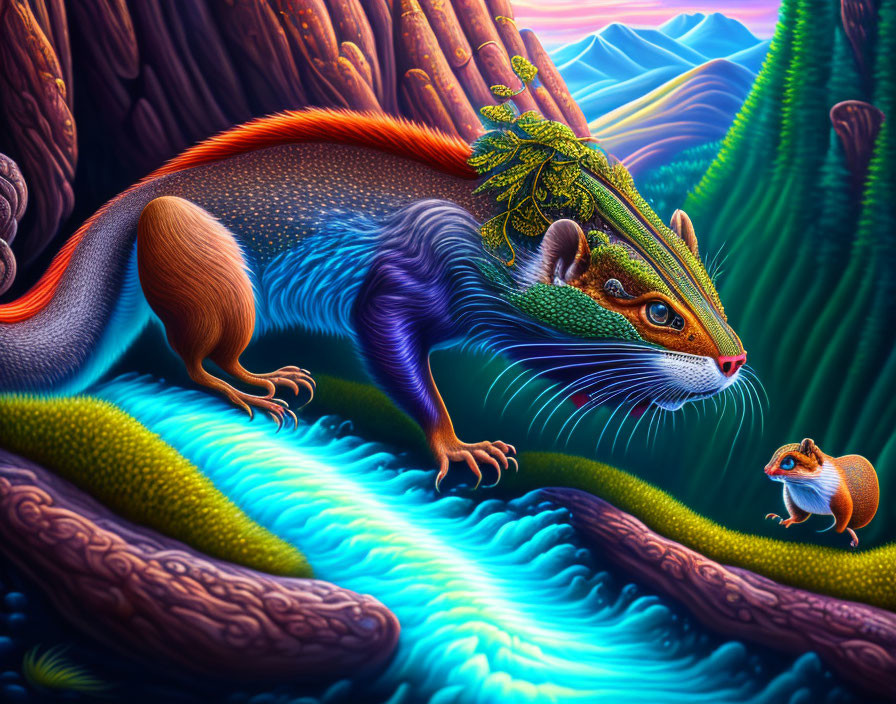 Colorful oversized creature with lizard on back meets miniature version on forest path