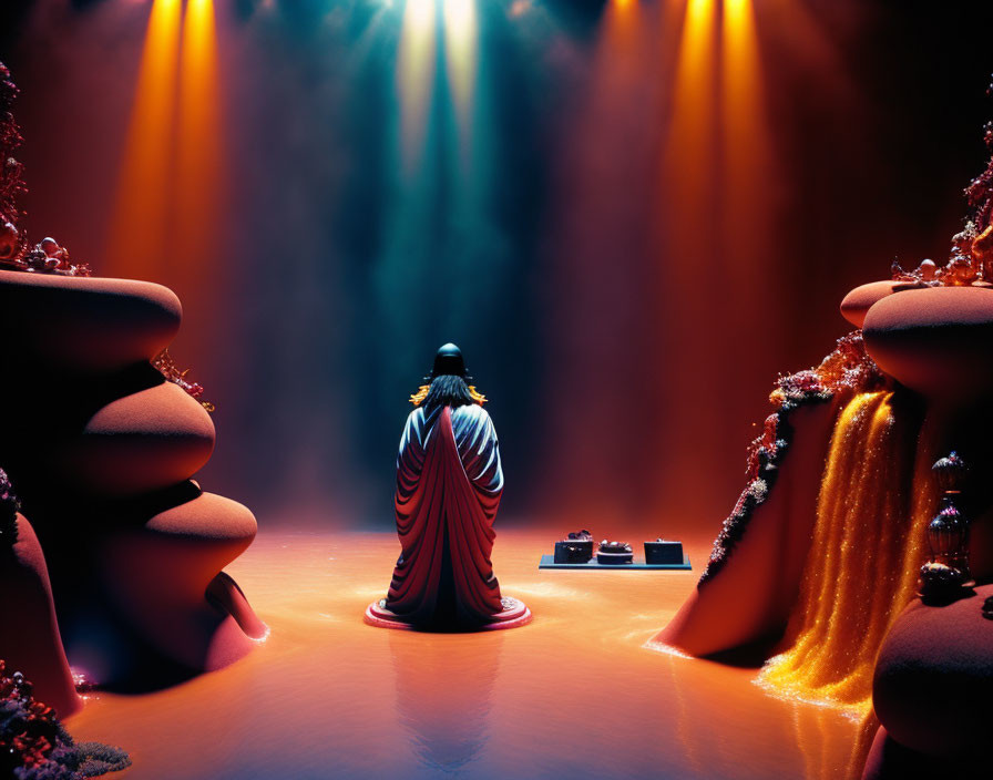 Person in Red Cloak Stands on Stage Amidst Warm Stage Lights