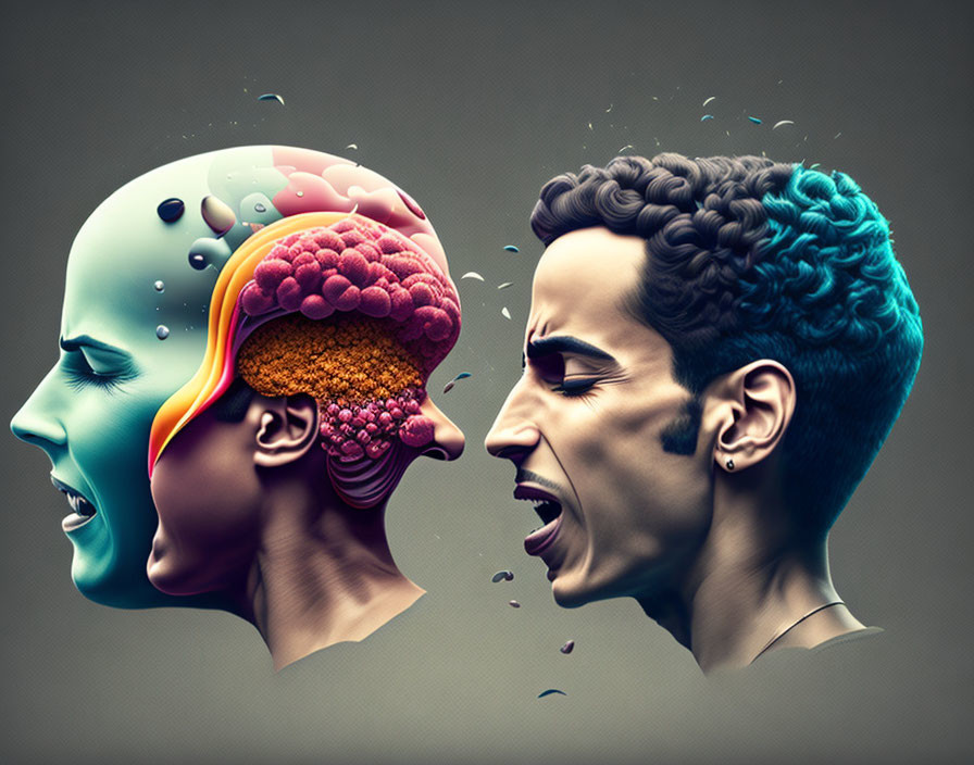 Colorful surreal image: Brain exposed person transforming into particles next to speaking person