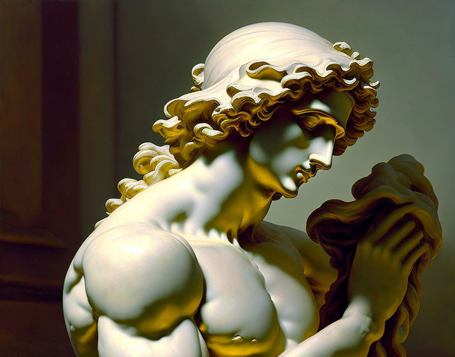Classical statue: Muscular male figure with curly hair and intense expression