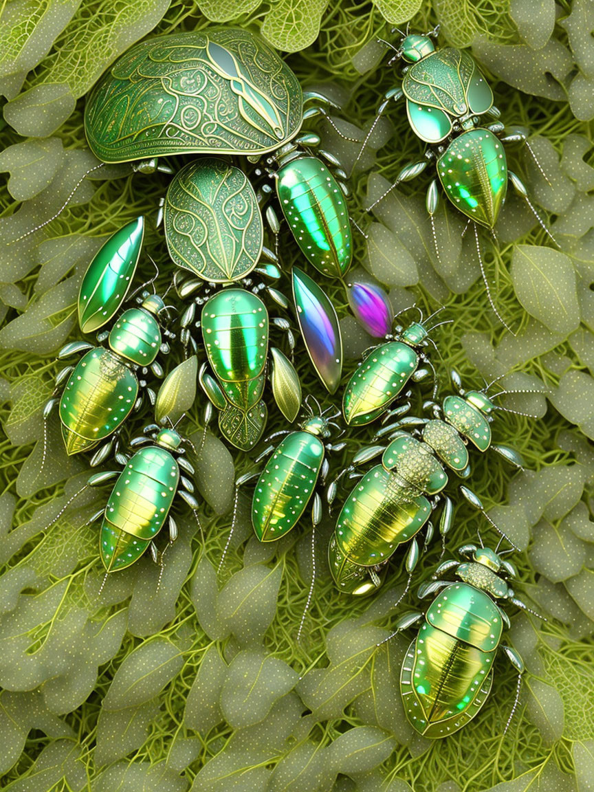 Iridescent green metallic beetles on soft green foliage
