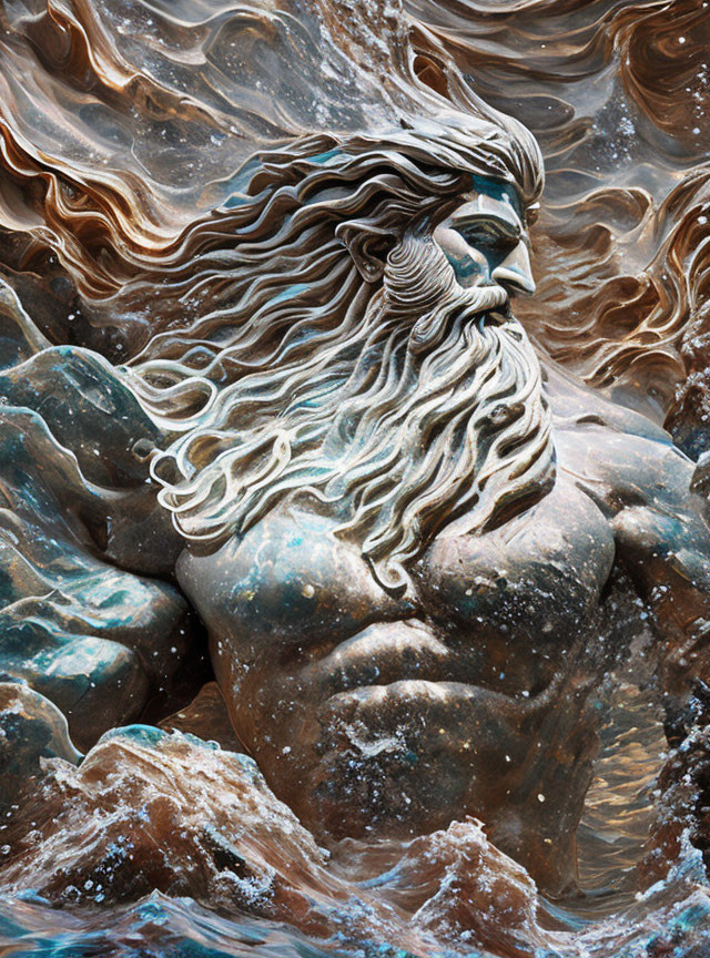 Bearded figure merging with turbulent water symbolizing sea's power