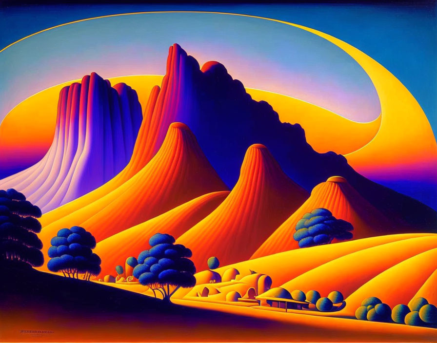 Vibrant Stylized Landscape with Crescent Moon and Spherical Trees