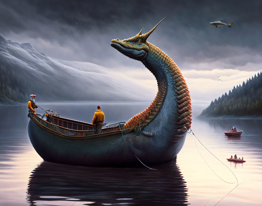 Fantasy sea creature boat with people fishing in serene lake surrounded by misty mountains