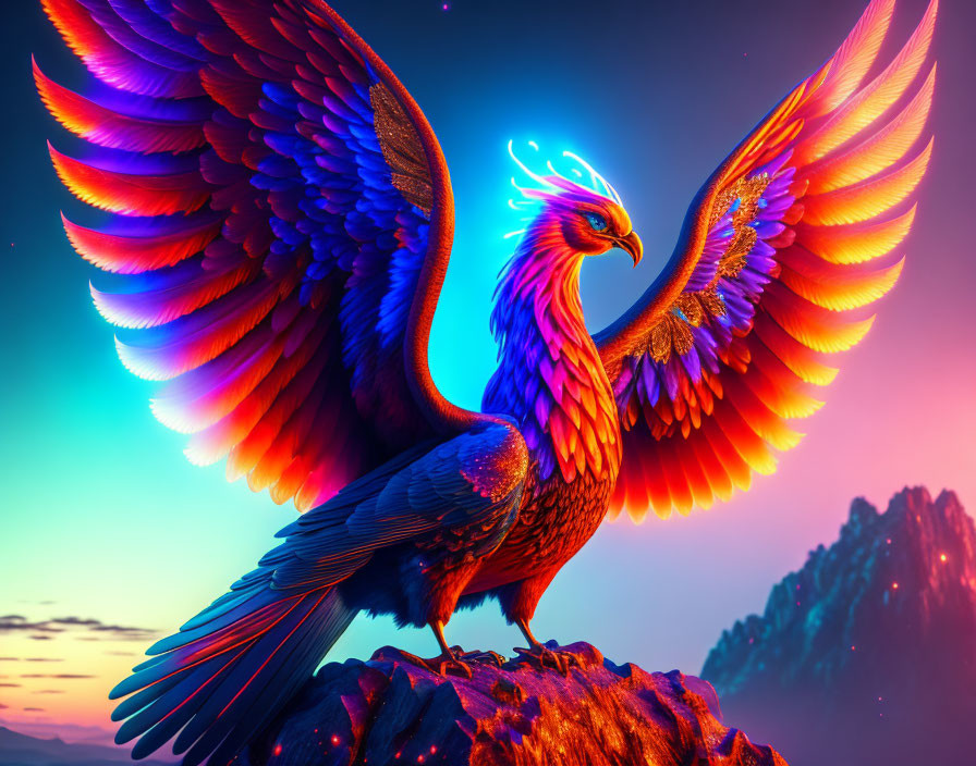 Colorful mythical bird with radiant wings perched at twilight