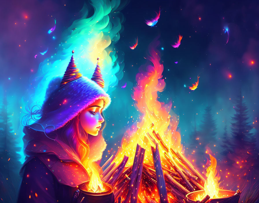 Woman in Beanie Gazing at Colorful Bonfire in Mystical Forest
