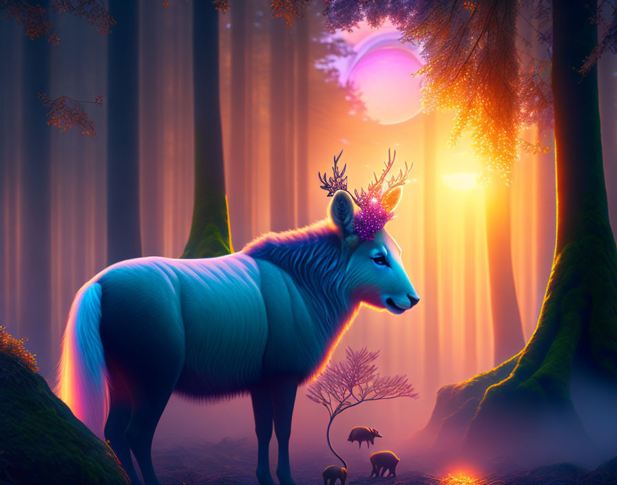 Mystical blue deer with flower-adorned antlers in enchanted forest at sunrise