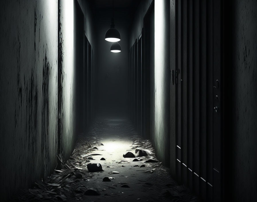 Dark narrow corridor with dirty walls and debris under single light bulb