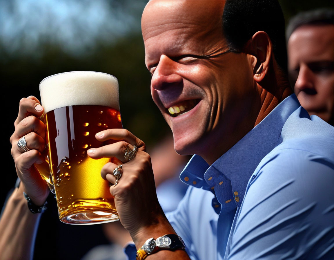 Smiling person holding large beer glass, another person in background