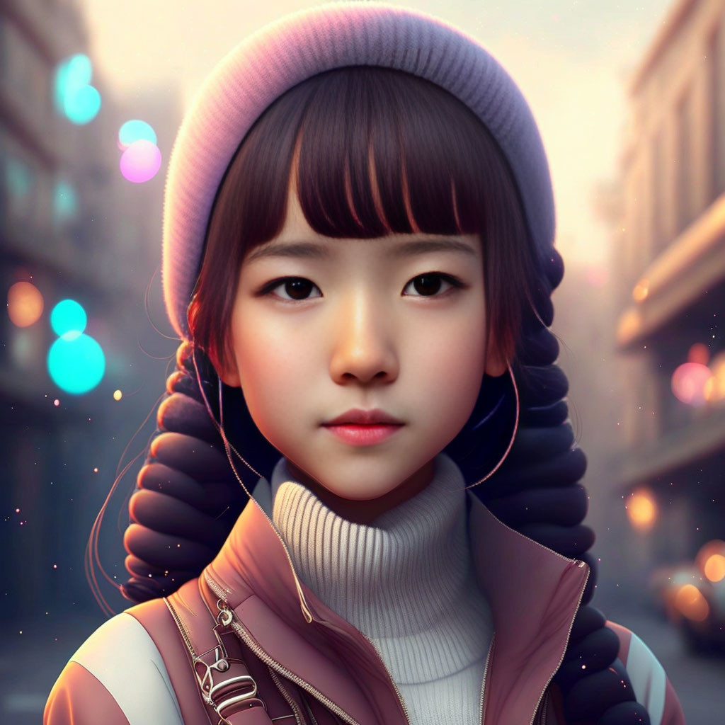 Young girl digital portrait with beret, black hair, turtleneck, headphones, and city backdrop