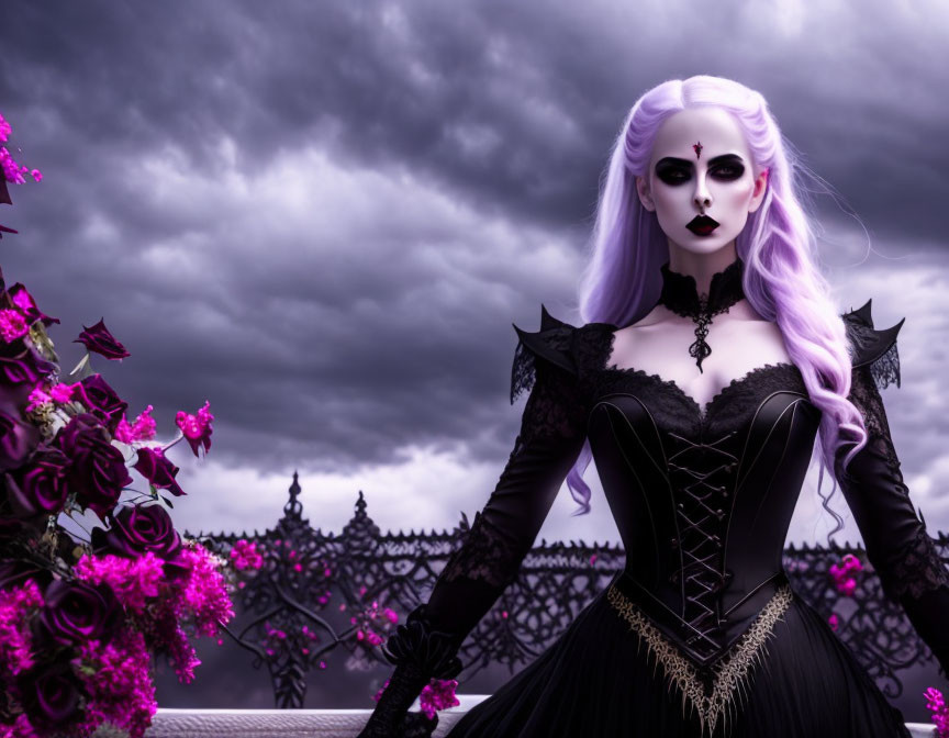 Pale-skinned person in gothic attire against purple sky with vibrant flowers