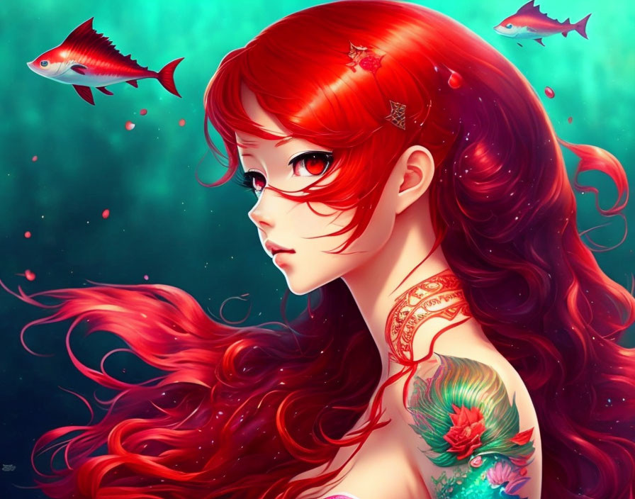 Vibrant red-haired woman with tattoo among red fish in teal underwater scene